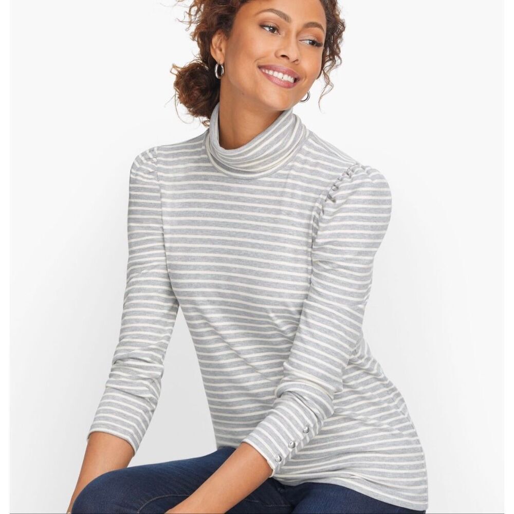 Talbots turtleneck top ribbed cotton blend puff shoulders size M